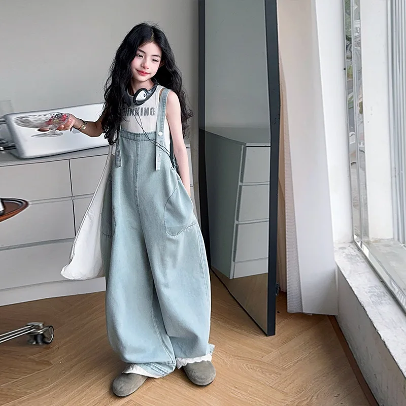 Fashion Kids Girls Overalls Jumpsuit Jeans Loose Casual Children Denim Bib Suspender Pants Teenagers Denim Dungarees 5-14 Years