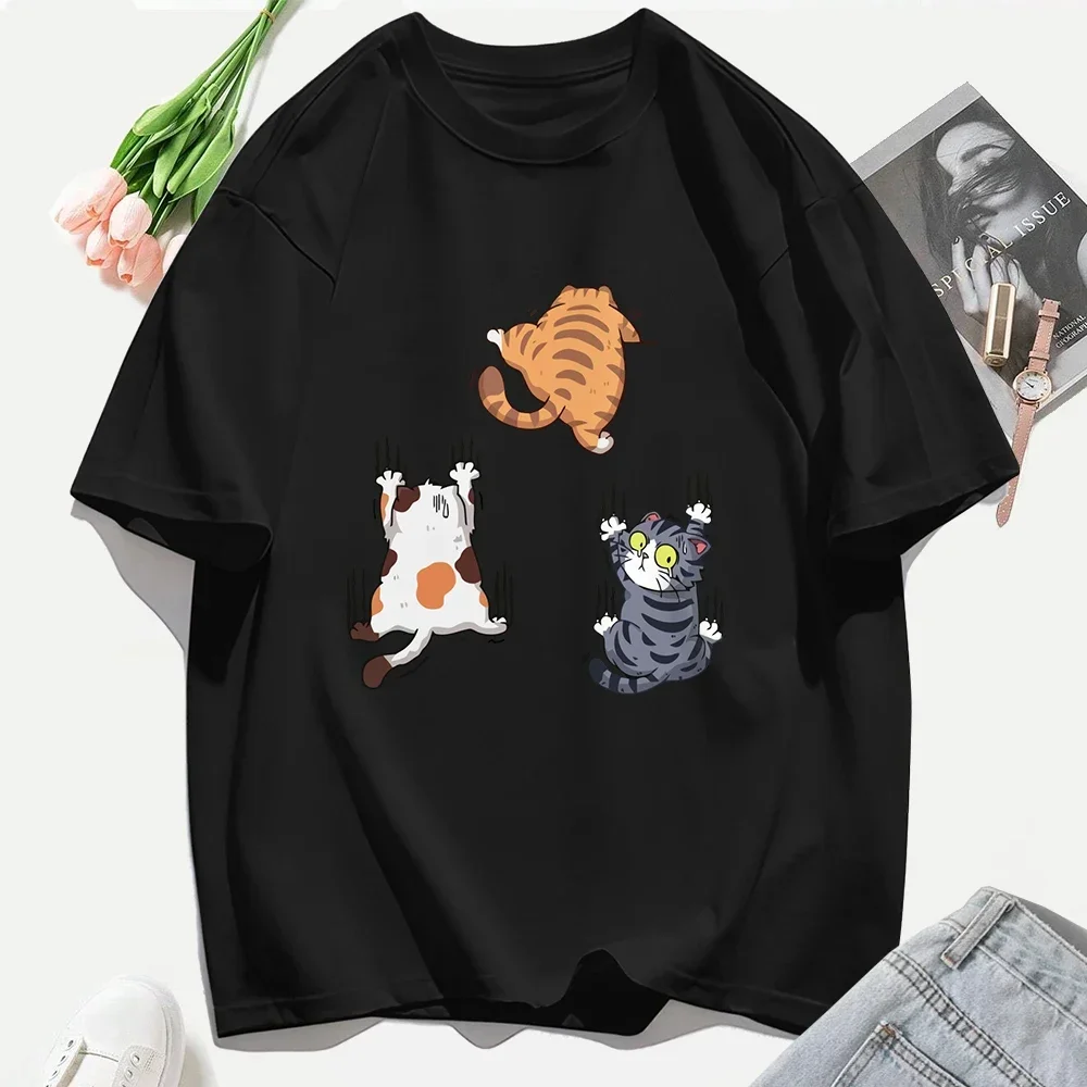 

Women T Shirts Casual Woman Clothes Crewneck Tee Tops Three Cats Climbing Upwards and Escaping Print T-Shirt