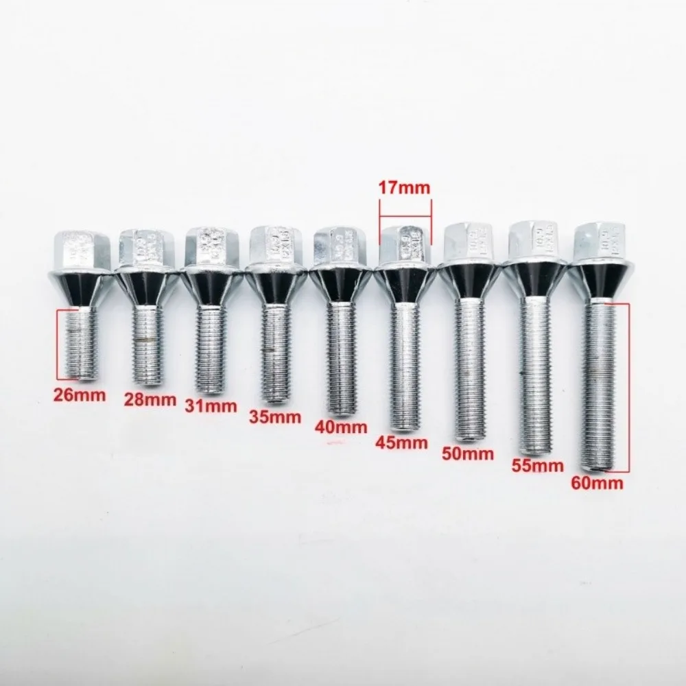 20pcs M12x1.25 Extra Long Wheel Lug Bolts Hub Screws Cone Seat Hex 17mm Thread Lenght 26/28/35/40/45/50/55/60mm
