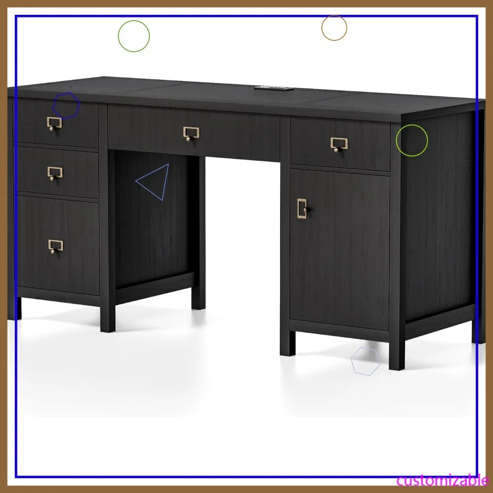 

Письменный стол в стиле фермерского дома 59 дюймов с зарядной станцией, выдвижным ящиком для документов и шкафом для хранения - черный стол для домашнего офиса