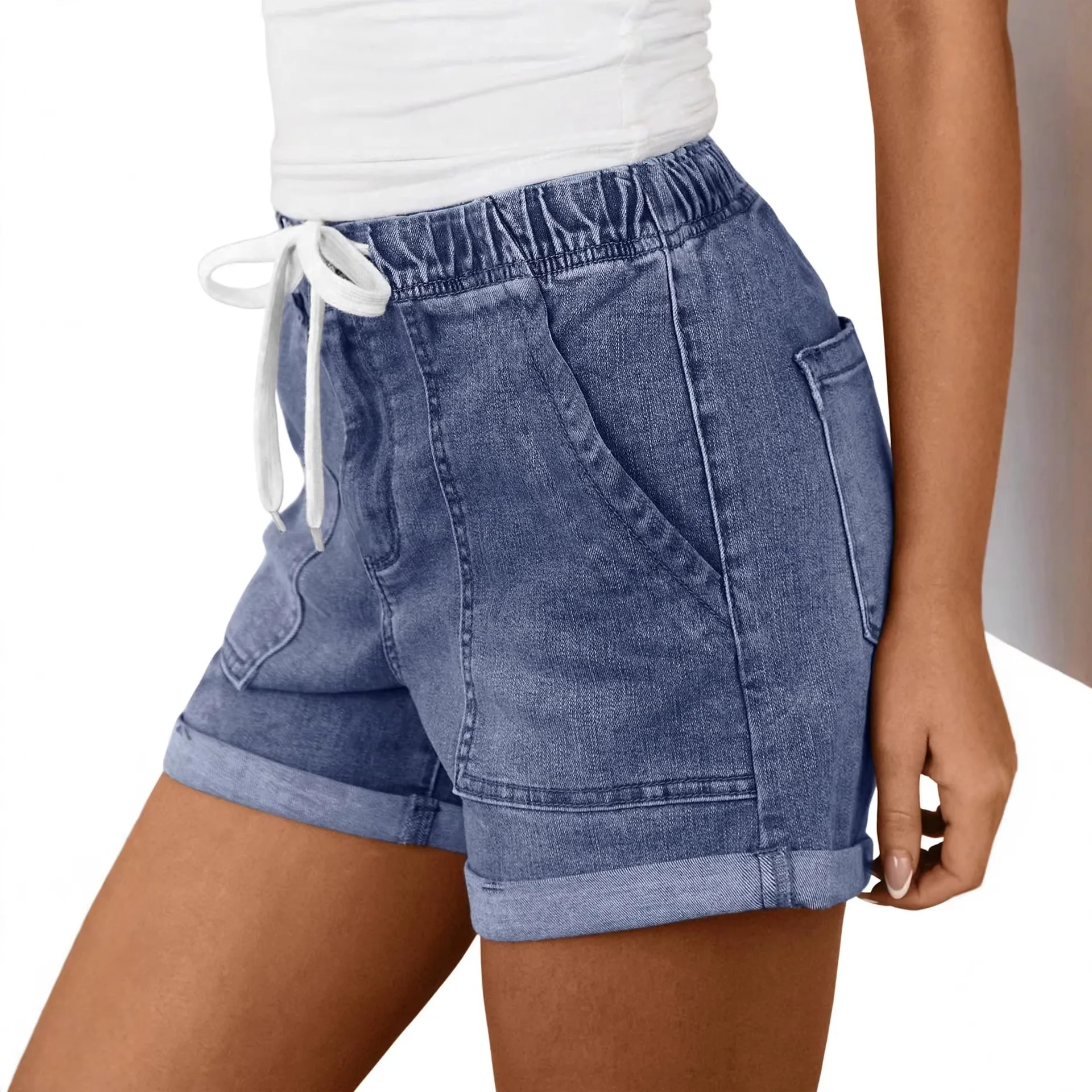 Women Denim Pant Jeans Vintage Short Pants Elastic Waist Straight Trousers Y2k Streetwear Elegant Splice Work Casual Summer