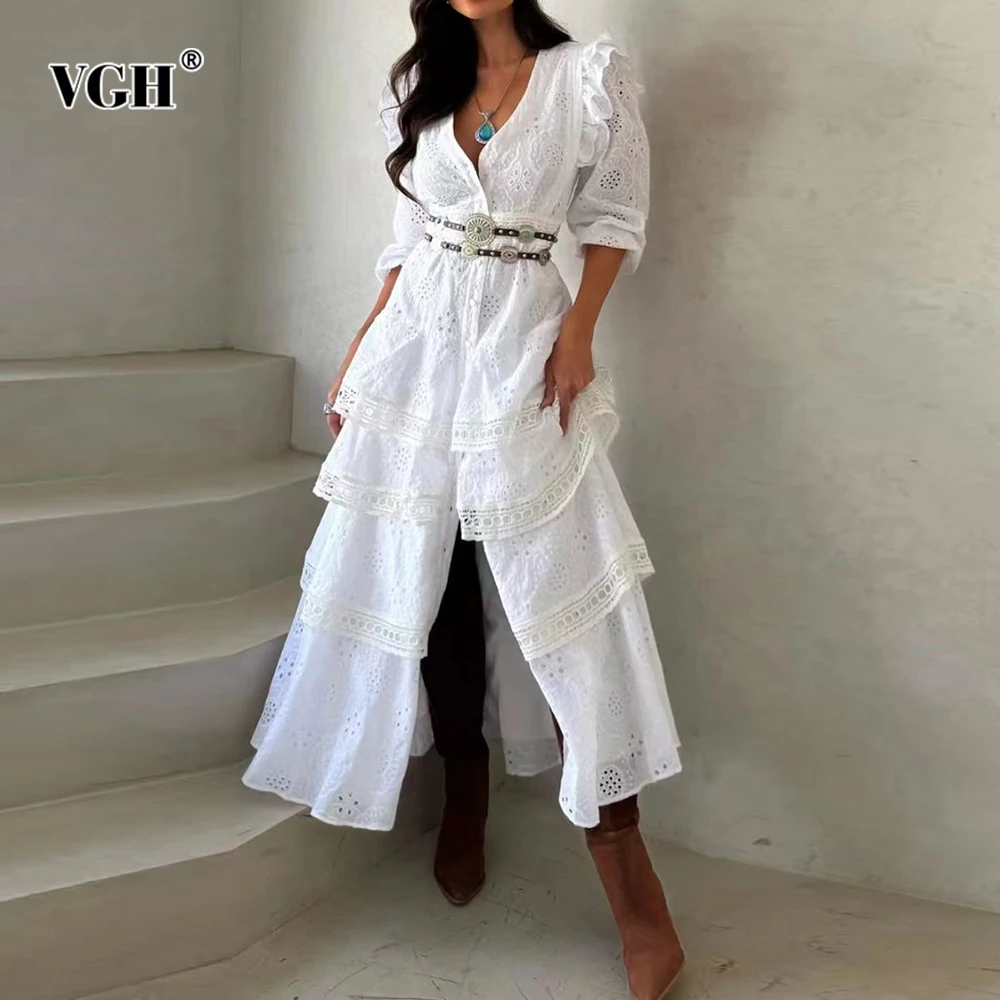 

VGH Bohemian Spliced Hollow Out Tiered Dresses for Women V Neck Long Sleeve High Waist Patchwork Ruffles Midi Dress Female Style
