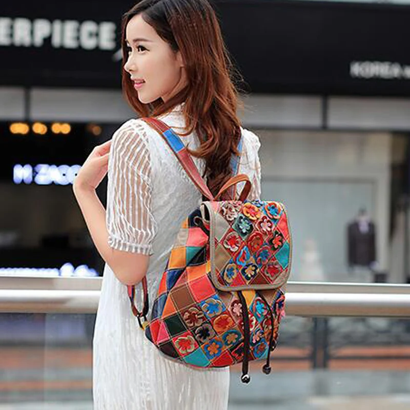 LOMANTINA Women Backpack Fashion Causal Flowers Colorful Patchwork Female Shoulder Bag Cow Leather Backpacks for Women Mochila