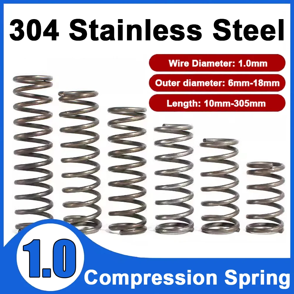 10pcs/lot 1mm Stainless Steel Micro Small Compression Spring OD 6mm/7mm/8mm/9mm/10mm/11mm/12/13/14/15/16/18mm Length 10mm-305mm