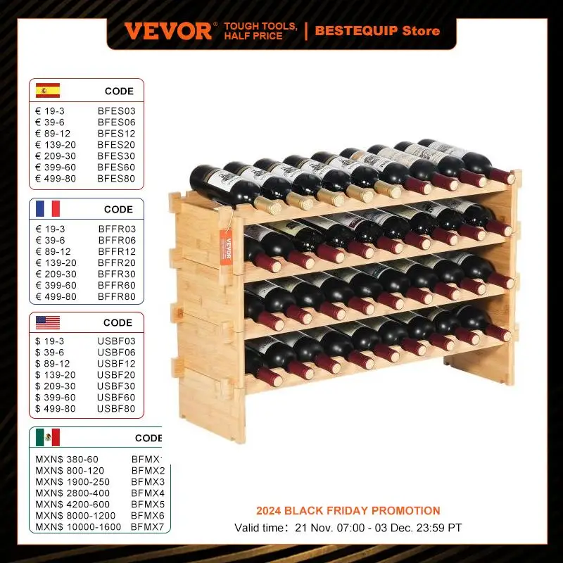 VEVOR-Présentoir à vin modulaire empilable, supports de stockage en bois de bambou massif, porte-vin autoportant au sol, 36 bouteilles, T1, 4 niveaux