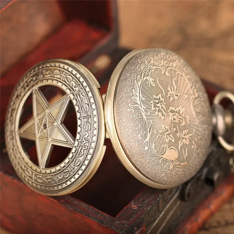 Classical Hollow-Out Pentagram Watch Half Hunter Antique Pocket Watches for Men Women Quartz Movement Necklace Pendant Chain