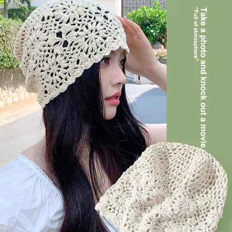 1Pieces Breathable Hollowed Out Knitted Hat Flowers Casual Beret Cap Summer Fashion Flowers Breathable Mountaineering Scarf