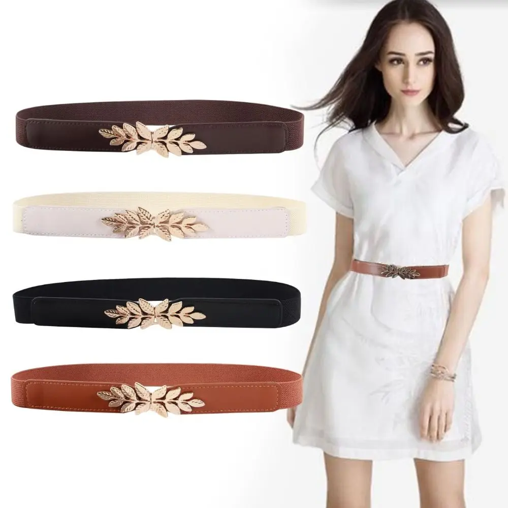 PU Leather Leaf Waistband Strap Elastic Cummerbunds Leaves Thin Belt Metal Buckle Stretchy Shiny Skinny For Women Lady Fashion