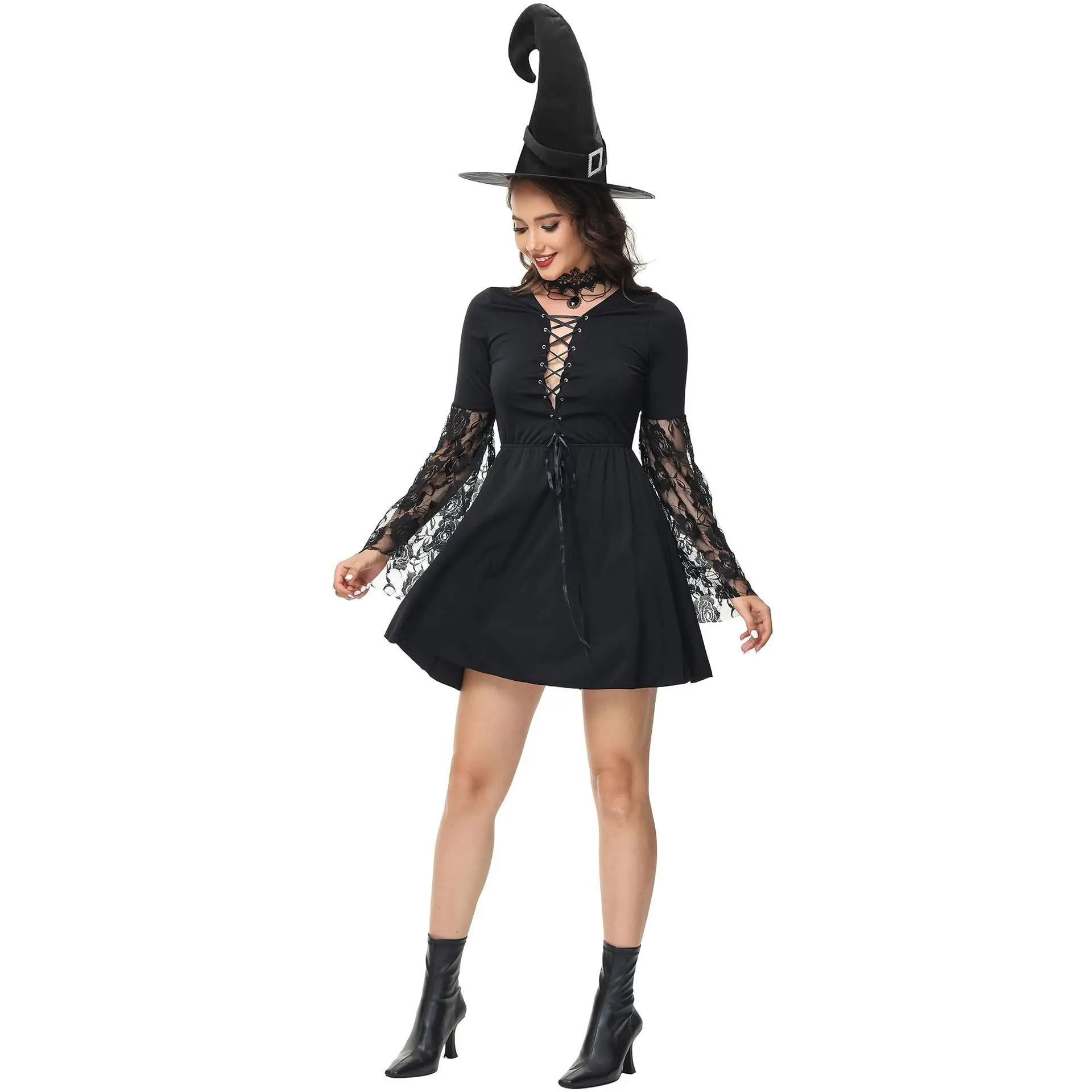 Kostium Gotyckiej Wiedźmy z Koronką, Odkryte Plecy, Cosplay, Damski Strój na Halloween, Modny Strój Sceniczny, Tradycyjny Chiński Styl...