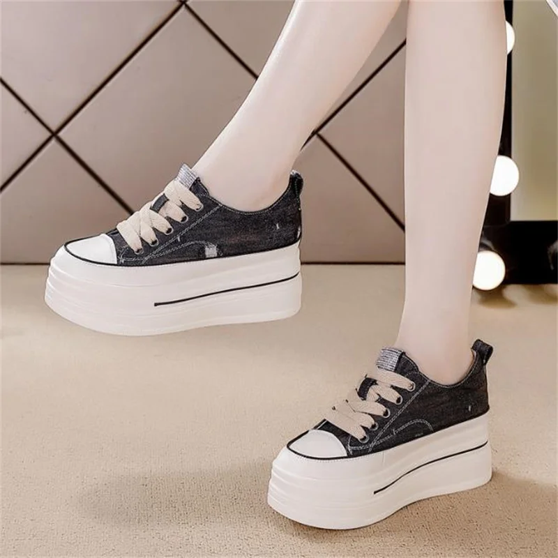 6cm canvas Genuine Leather Platform Sneakers Wedge Super High Heel Women Casual Shoes Chunky Rhinestone Vulcanized shoes 33 40