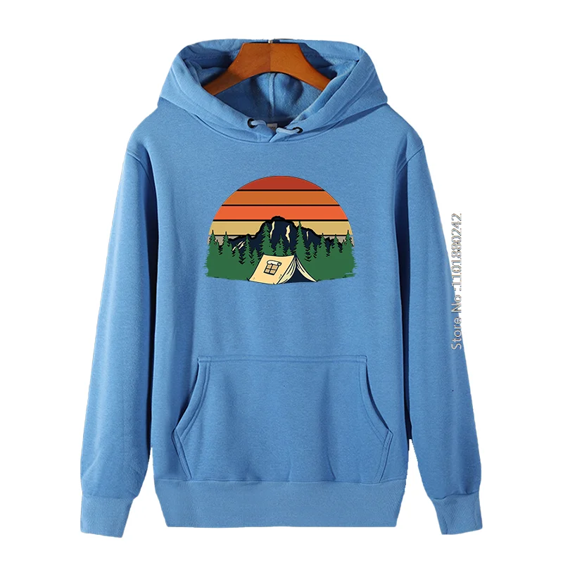 Camping Tent Trees Retro Sunset Classic Graphic Hooded Sweatshirts Thick Sweater Hoodie Essentials Hoodie Men's Winter Clothes