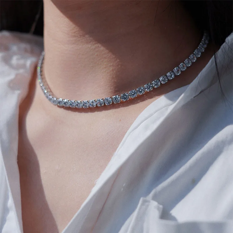 INS Crystal Tennis Necklaces For Women Trend Luxury Zircon Silver Color Collar Choker Chain Necklace On The Neck Jewelry OHN016