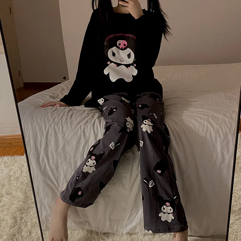 

Kawai Sanrio Kuromi Cartoon Two Piece Pajamas New South Korea Autumn Soft Home Wear Outgoing Girls Christmas Gift Clothing