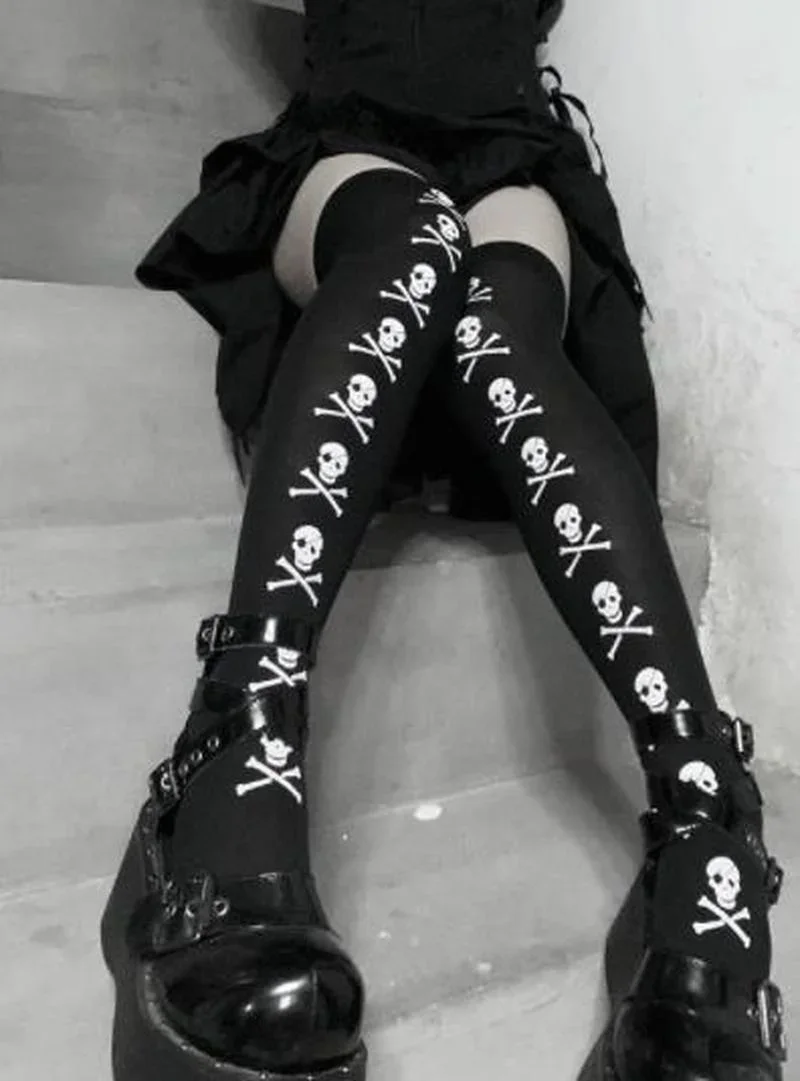 Halloween Skull Bat Gothic Dark Sexy Stockings Women Spiderweb Harajuku Alternative Long Socks Lingerie Skin Thigh High Hosiery