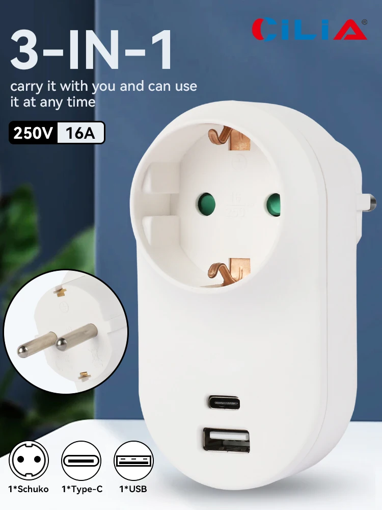 EU Standard Type C Power Socket 1-2PCS, Grounded Wall Outlet with 1 USB ，1 Type-C Port, for Home,Office Electrical Installation