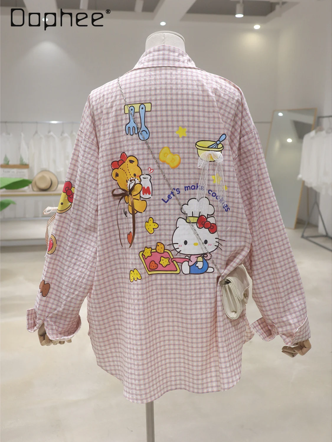 

Thin Breathable Bow Cartoon Bear Long-sleeved Shirt Women's 2025 Summer Loose Medium and Long Cotton Plaid Top Shirt for Women