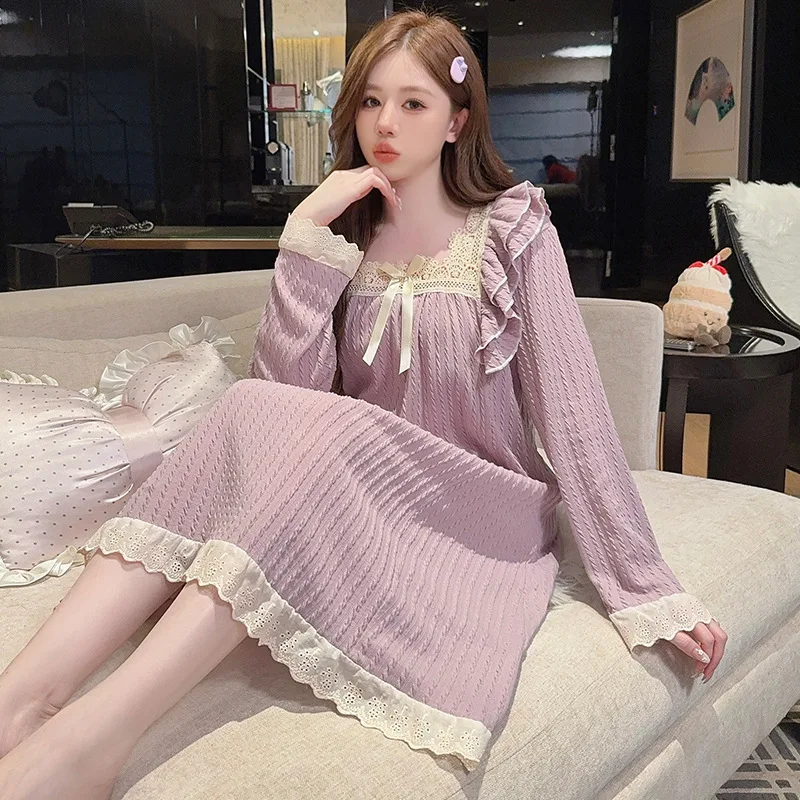 قمصان نوم قطنية بأكمام طويلة مقاس كبير للخريف للنساء ملابس نوم لطيفة برقبة مربعة على طراز الأميرة فستان نوم كوري للمنزل