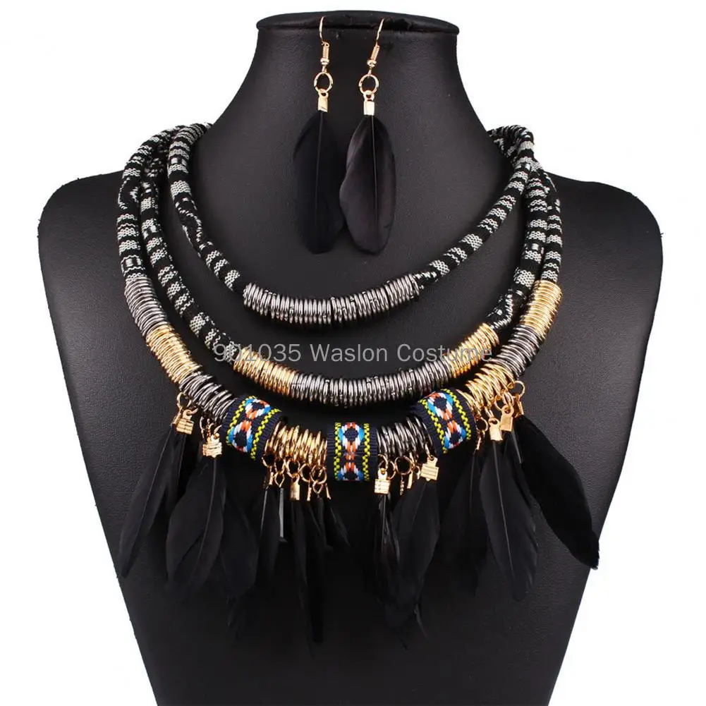 2Pcs/Set Egypt Feather Tassel Necklace Earrings Set  Alloy Bohemian Ethnic Jewelry MultilayerSet Jewelry Accessory