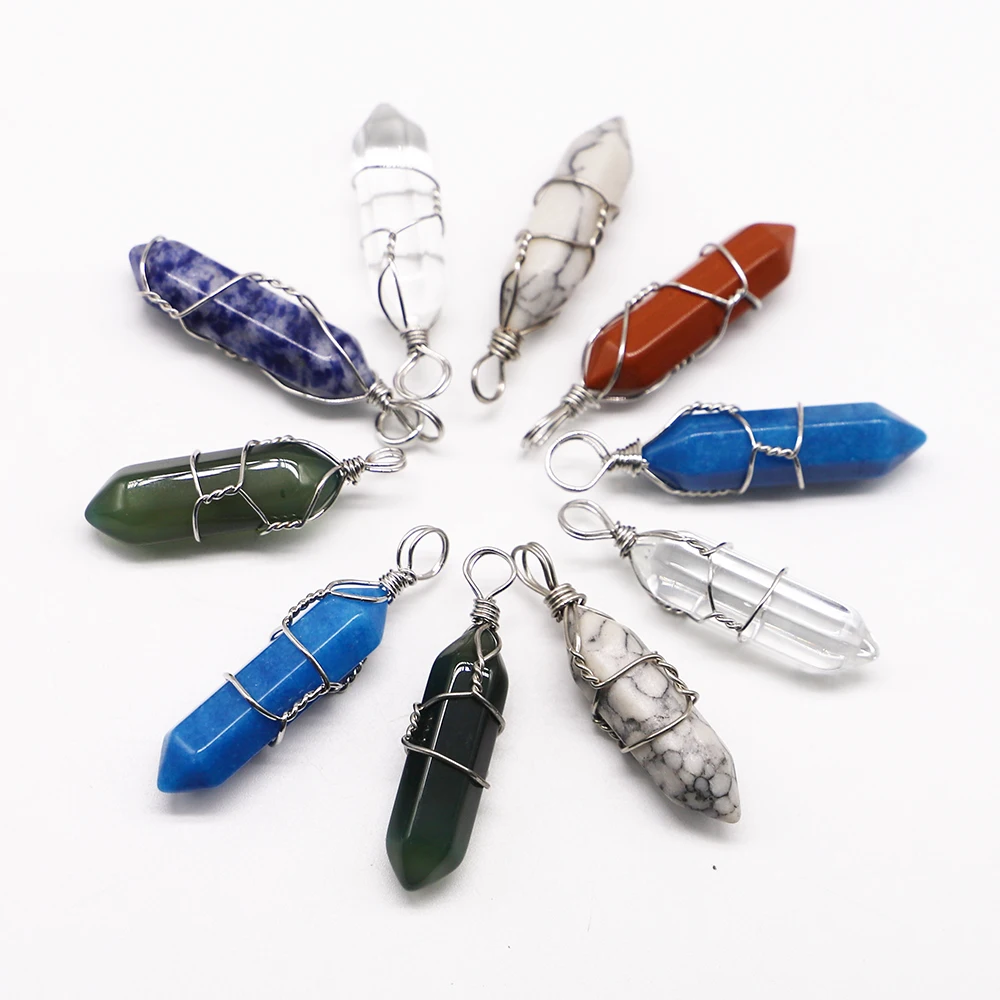 Natural Stone Pillar Hexagonal Point Pendant Crystal Silver Wire Winding Column Charms Jewelry Making Necklaces Accessorie 12Pcs