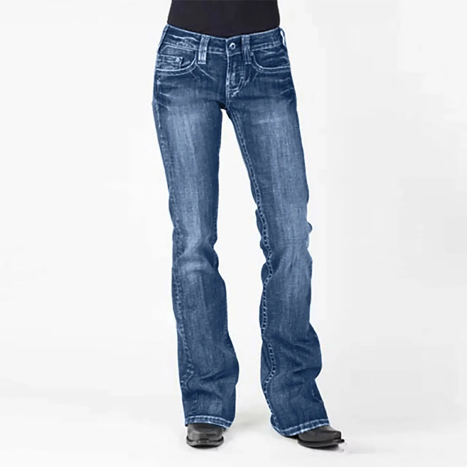 Women's Mid Waist Full Length Flared Cotton Jeans with Vintage Wash and Zipper Fly Denim Bottoms Women Slim Fit Contrast