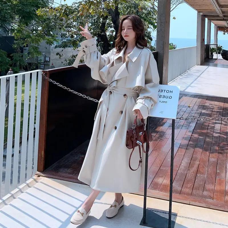 Korea Loose Oversize Double-Breasted Long Trench Coat Women White Black Duster Coat Windbreaker Lady Outerwear Spring Clothes