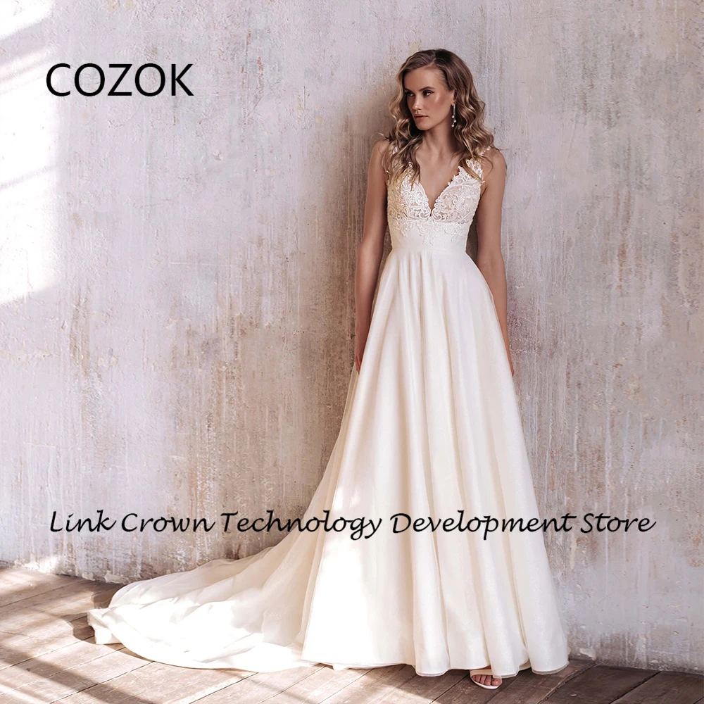 

COZOK Ivory Spaghetti Straps Wedding Dresses for Women Satin 2024 Summer Sleeveless Bridal Gowns wtih Lace New Vestidos De Novia