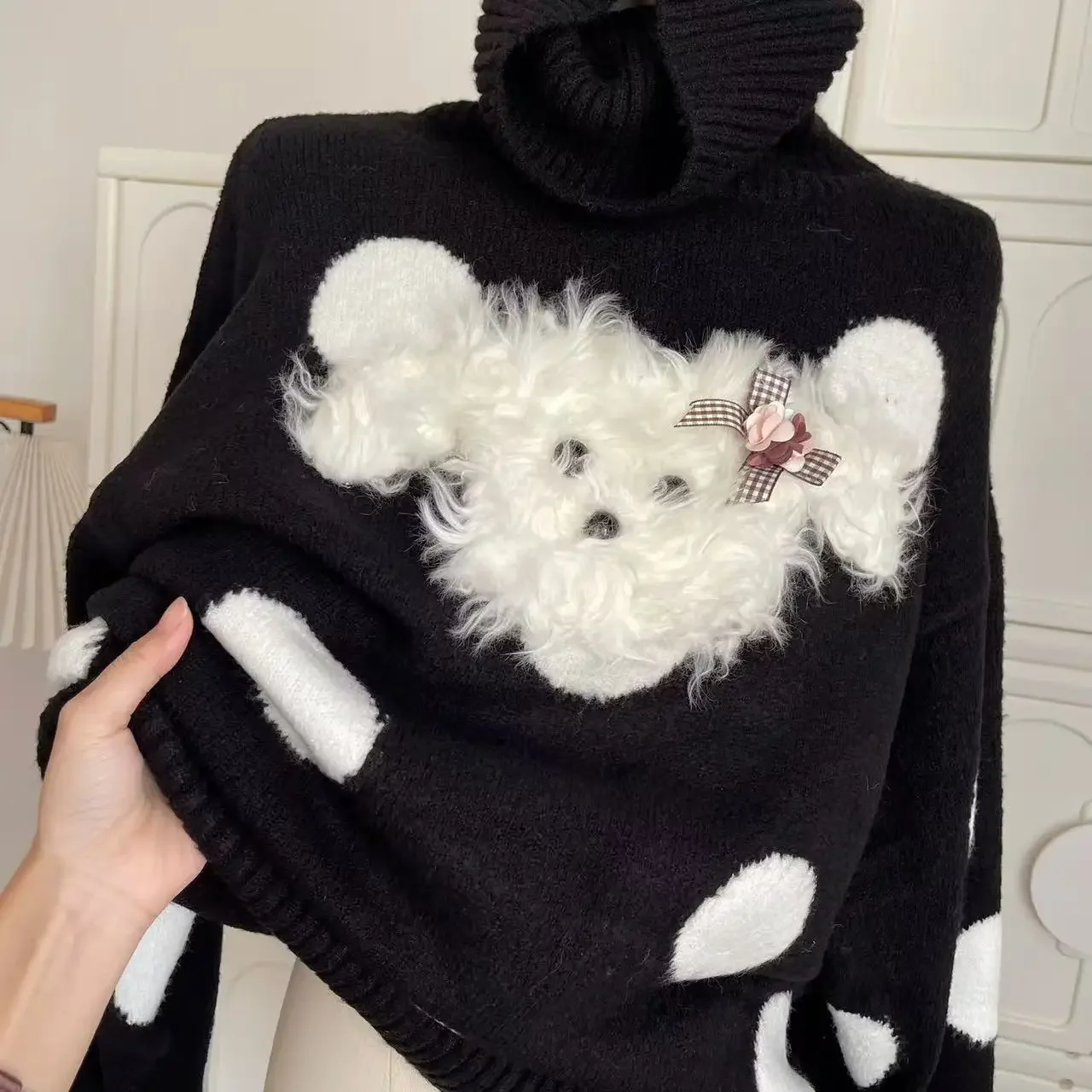 Women's Polka Dot Puppy Turtleneck Long-sleeved Pullovers Sweaters Autumn and Winter Korean Style Loose Warm Versatile Knitwear