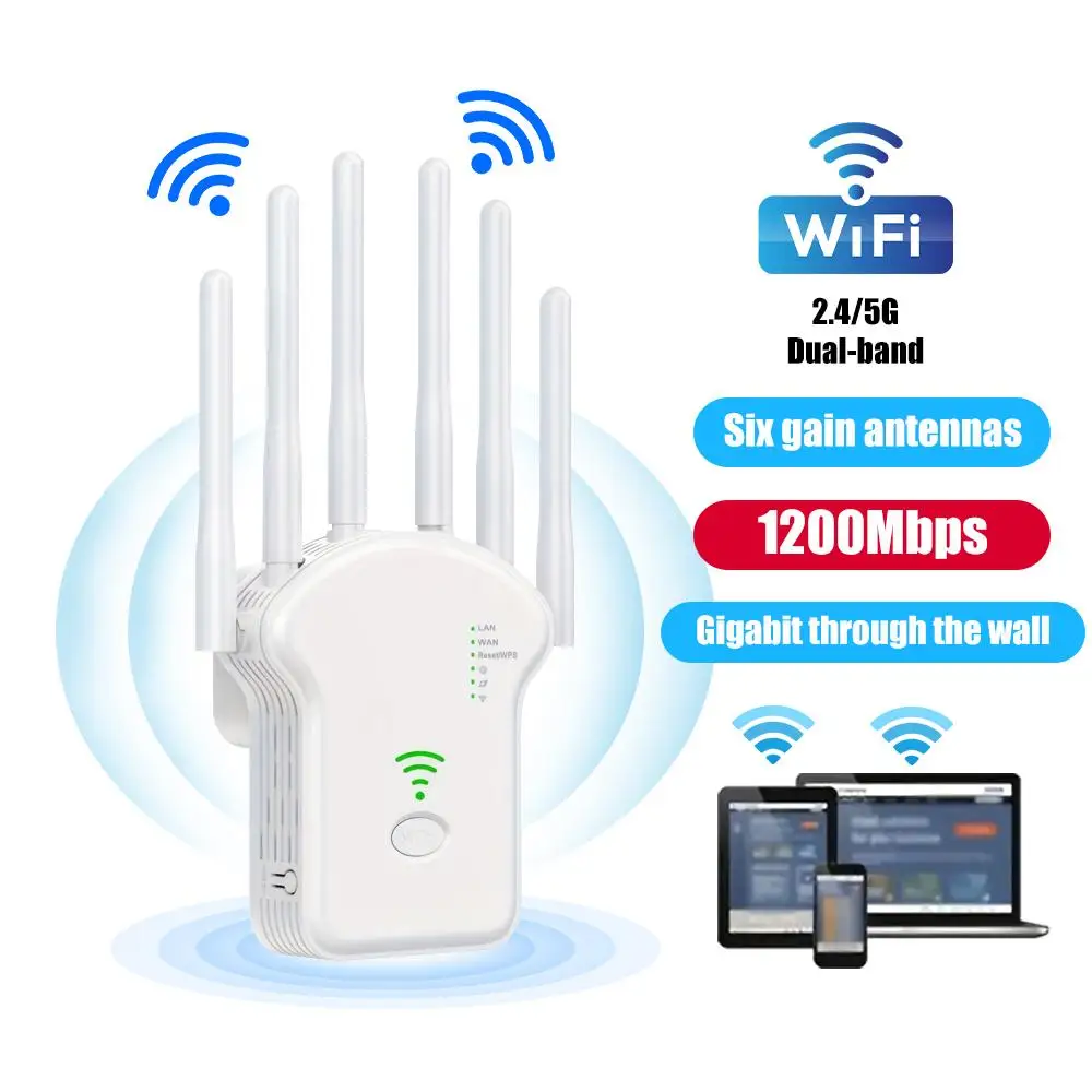 WiFi Repeater 1200Mbps Dual Band Wireless Amplifier 2.4G 5GHz Network Long Range Signal Booster For Home Office Wi-Fi Booster