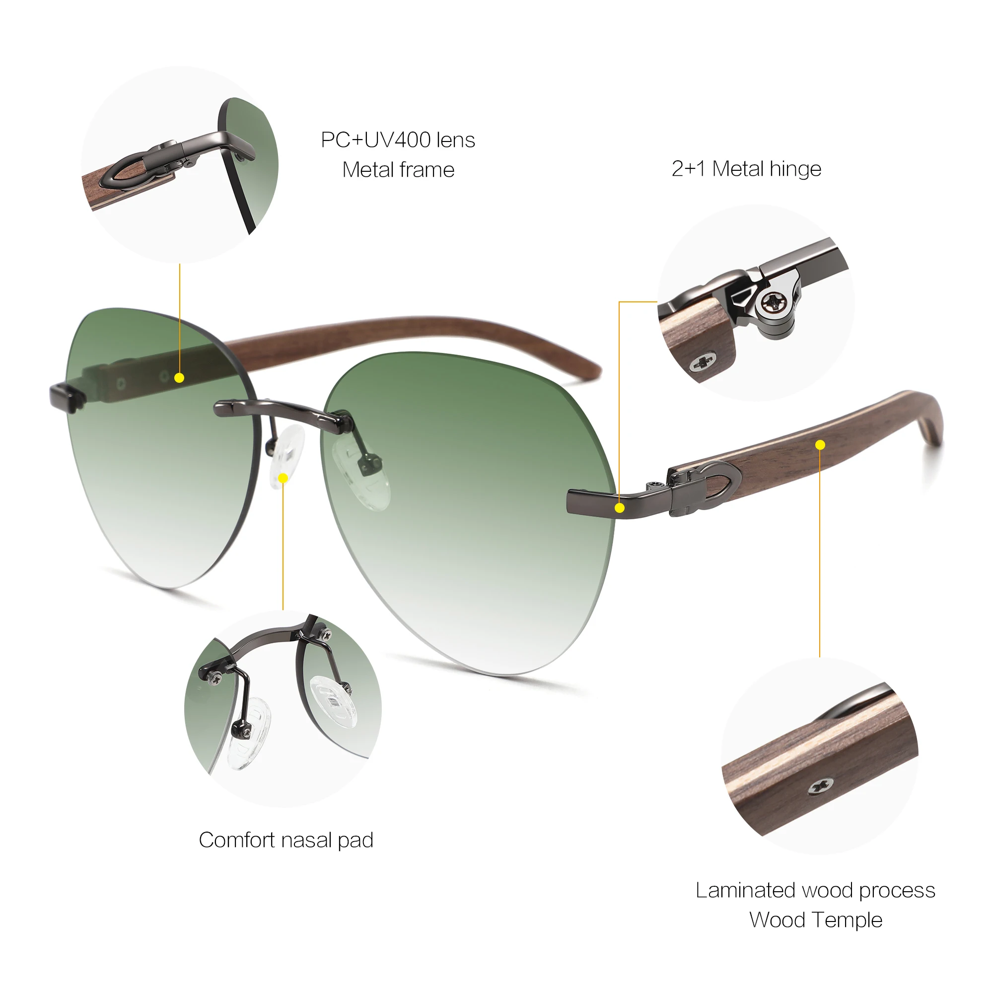 نظارات شمسية جديدة راقية بدون إطار خشبية عصرية واقية من الشمس للنساء بإطارات كبيرة مصنوعة من خشب الخيزران للرجال #6