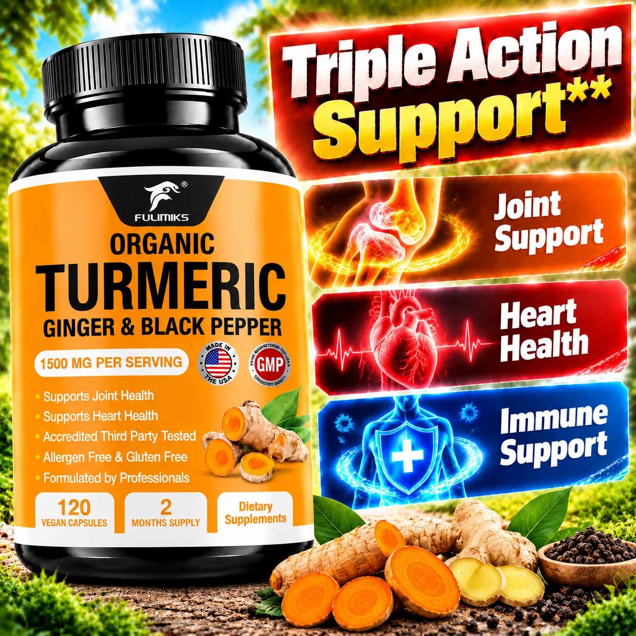 Organic Turmeric Ginger & Black Pepper Supplement, Support Cardiovascular & Joint Health, Antioxidant, Absorption, Flexibility