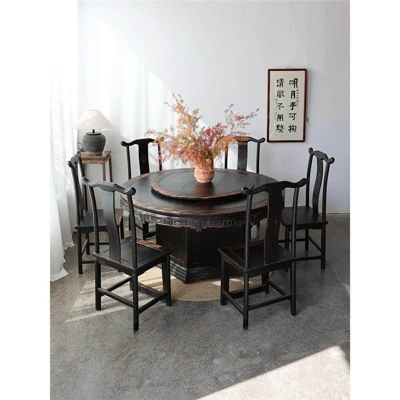 

Round table hotel dining table and chair combination solid wood Chinese antique