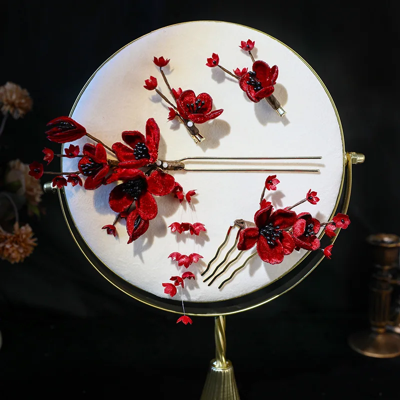 

Red Flower Hair Pins Sets for Women, Elegant Lily of The Valley Fringed Hairpin for Bridal Headdress