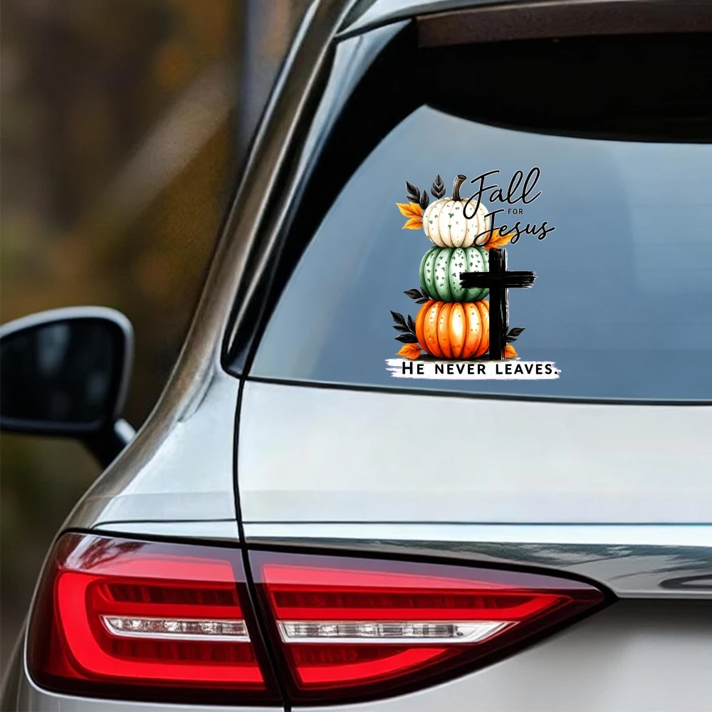 Car Stickers And Decals, Vinyl Decals, Fall Pumpkins Stack Cross Never Leaves, Automotive Decals, Funny Bumper Stickers(1pc)