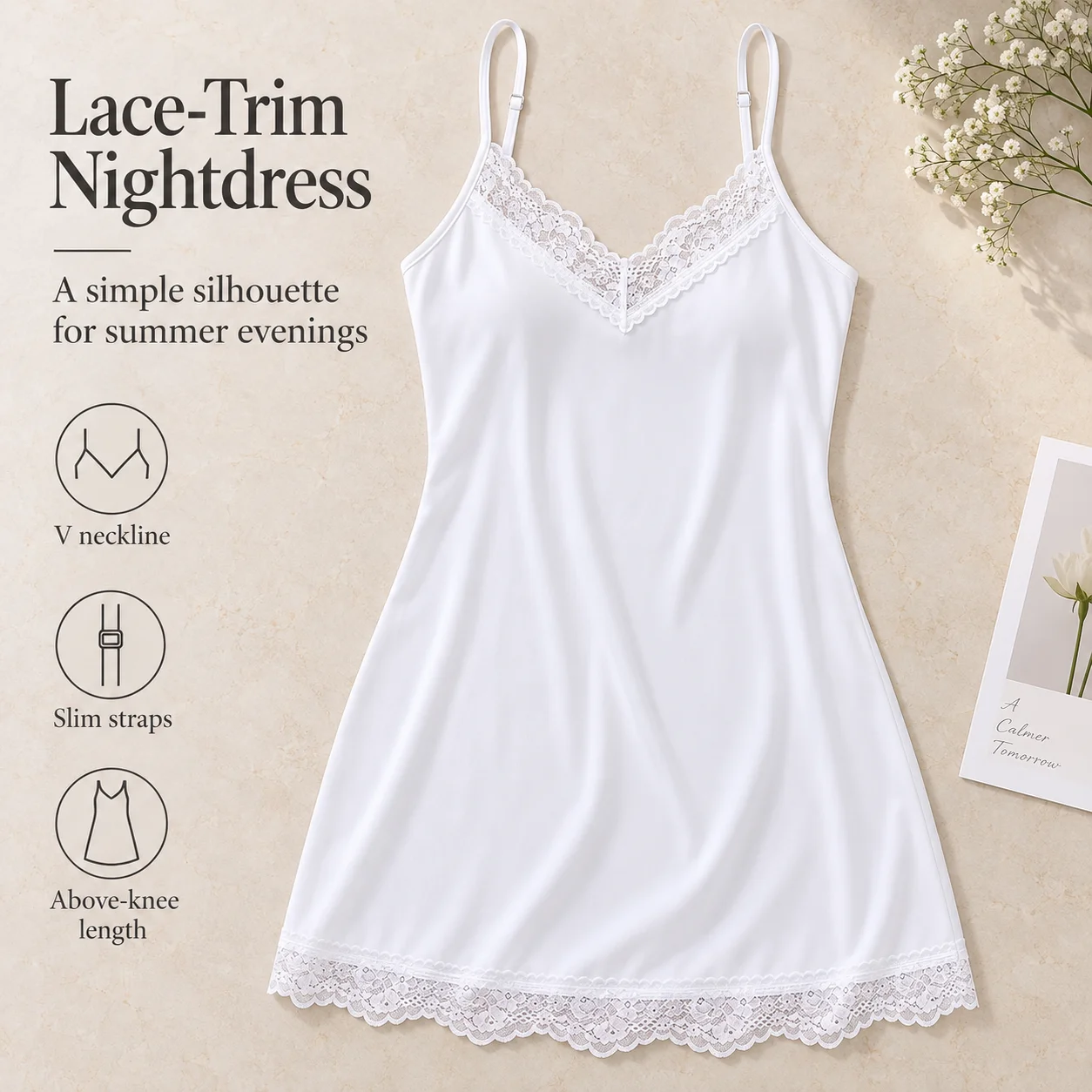 Women's Lace Trim Camisole Nightdress V Neck Sleeveless Summer Sleepwear One Piece Mini Dress in Four Colors Sizes S-XXL