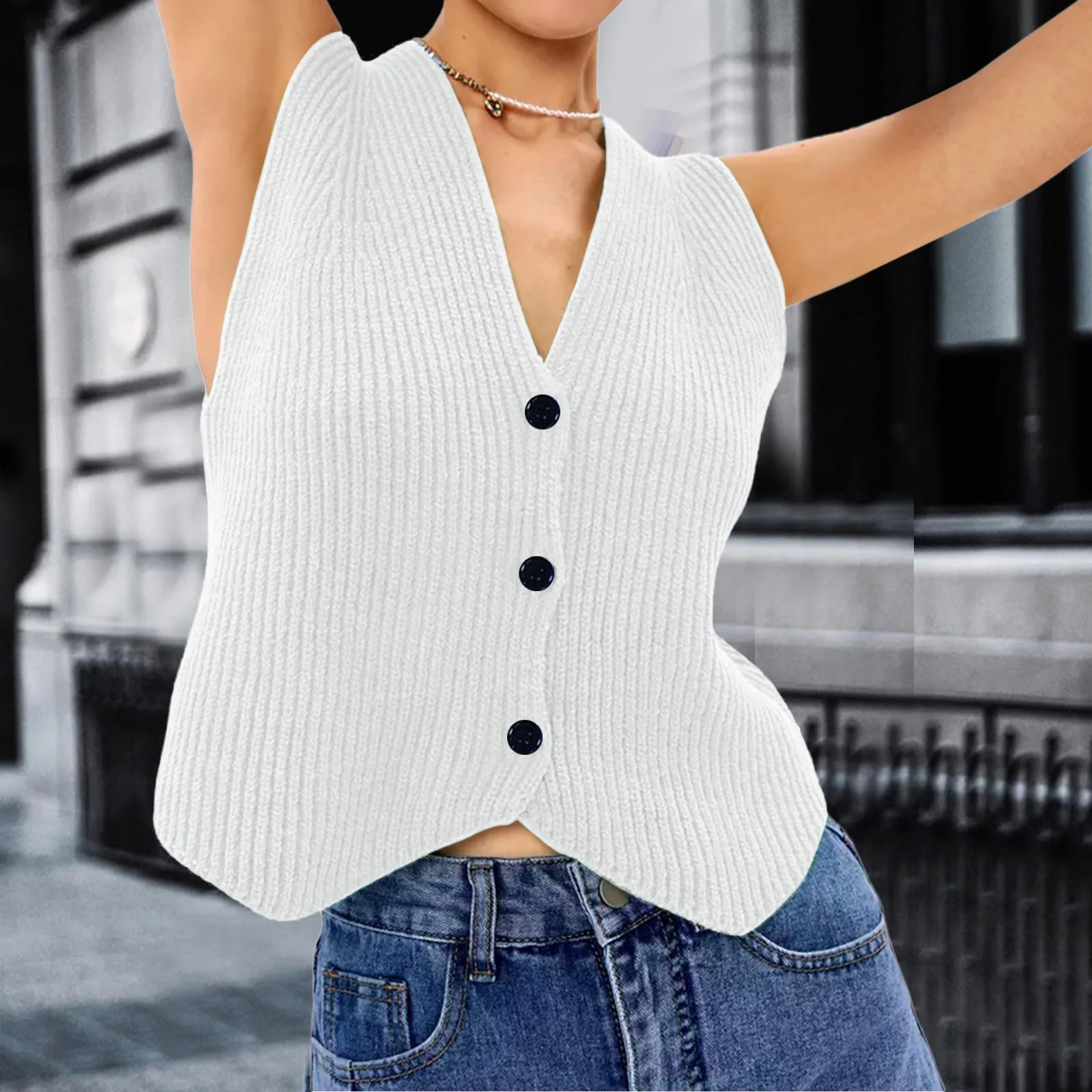 2024 Fashion Casual Sleeveless Women Knitted Vest Loose Button Down V Neck Stripe Fashion Tops Sexy Club Party Vest Sweater