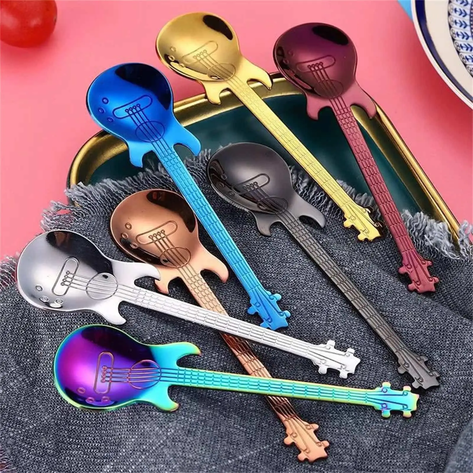 Colorful Guitar Tea Spoon Creative Mixing Spoon Stainless Steel Drinking Spoon Easy to Clean Cute Stirring Spoon for Ice Cream