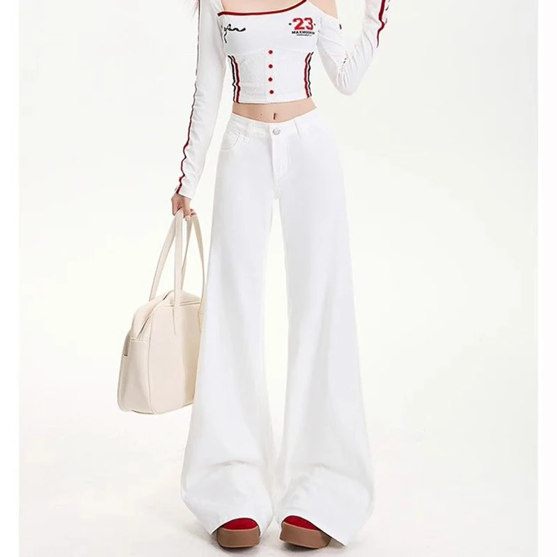 Girls Classic White Flared Jeans Women Korean Solid Low Waist Denim Trousers Female Comfortable Straight Leg Pants