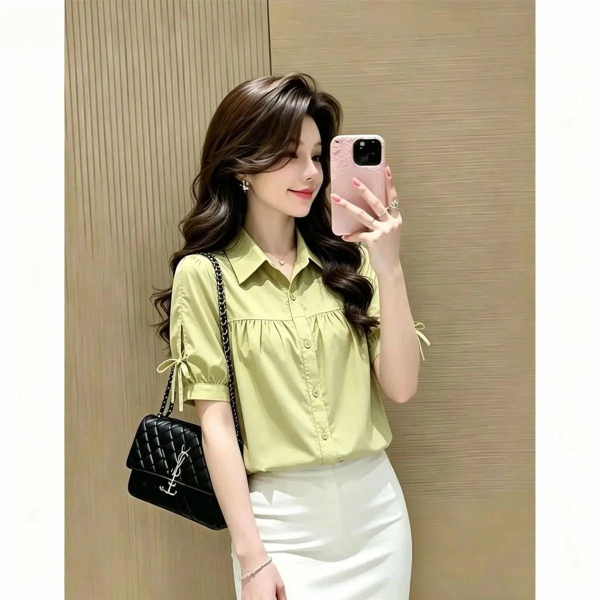 Fashionable Thin Short Sleeve Shirt for Small Stature Women  Knot Loose Fit Summer New Style Top  Collar Other M...