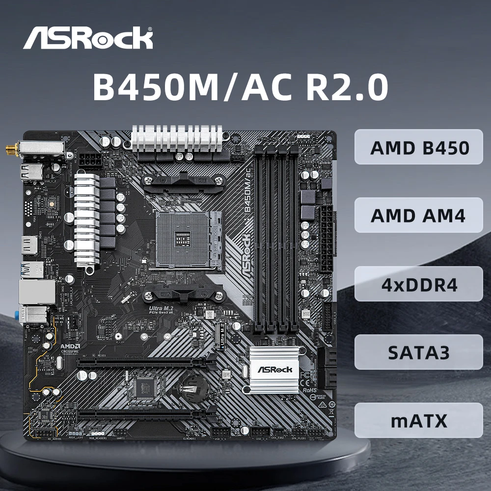 ASROCK B450M/AC R2.0 Motherboard Supports 5800X3D 5700X 5600X 5600G 1700X 2700X CPU AM4 4xDDR4 M.2 NVME HDMI mATX Mainboard