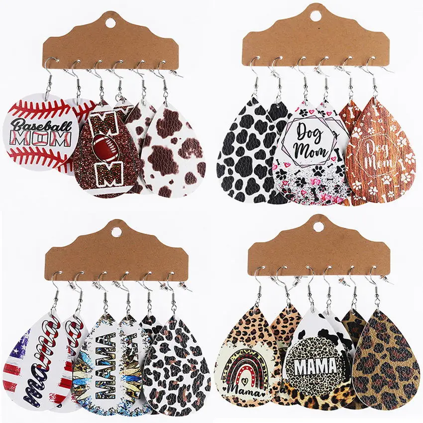 3 Pairs Leoaprd Print Faux Leather Teardrop Dog Mom Earrings for Women Baseball Football MAMA Gifts Jewelry Wholesale
