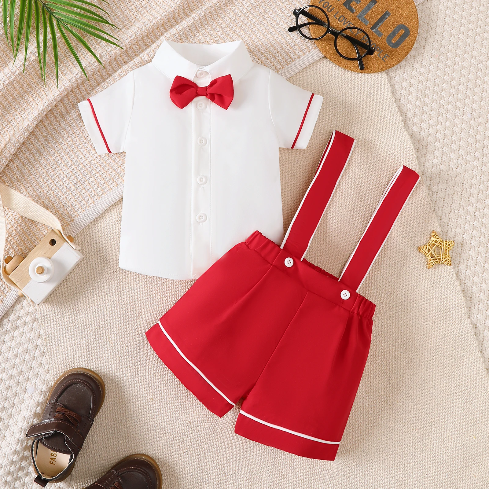 2Pcs Baby Boys' College Style Set with Bow Edge Binding Shirt Strap Shorts Set for 0-3 Year Old Baby Boys' Summer Party Set
