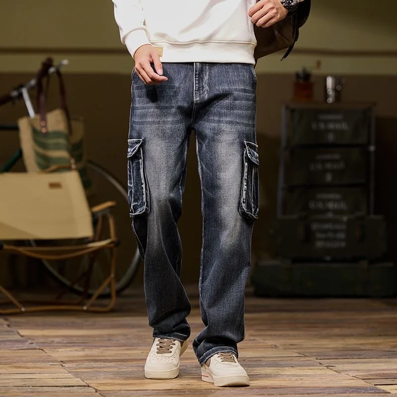 هاي ستريت العصرية متعددة جيب الدنيم السراويل الرجال الأمريكية خمر الجينز المتضخم فضفاض الدهون مستقيم بنطلون البضائع بانت تنوعا #2