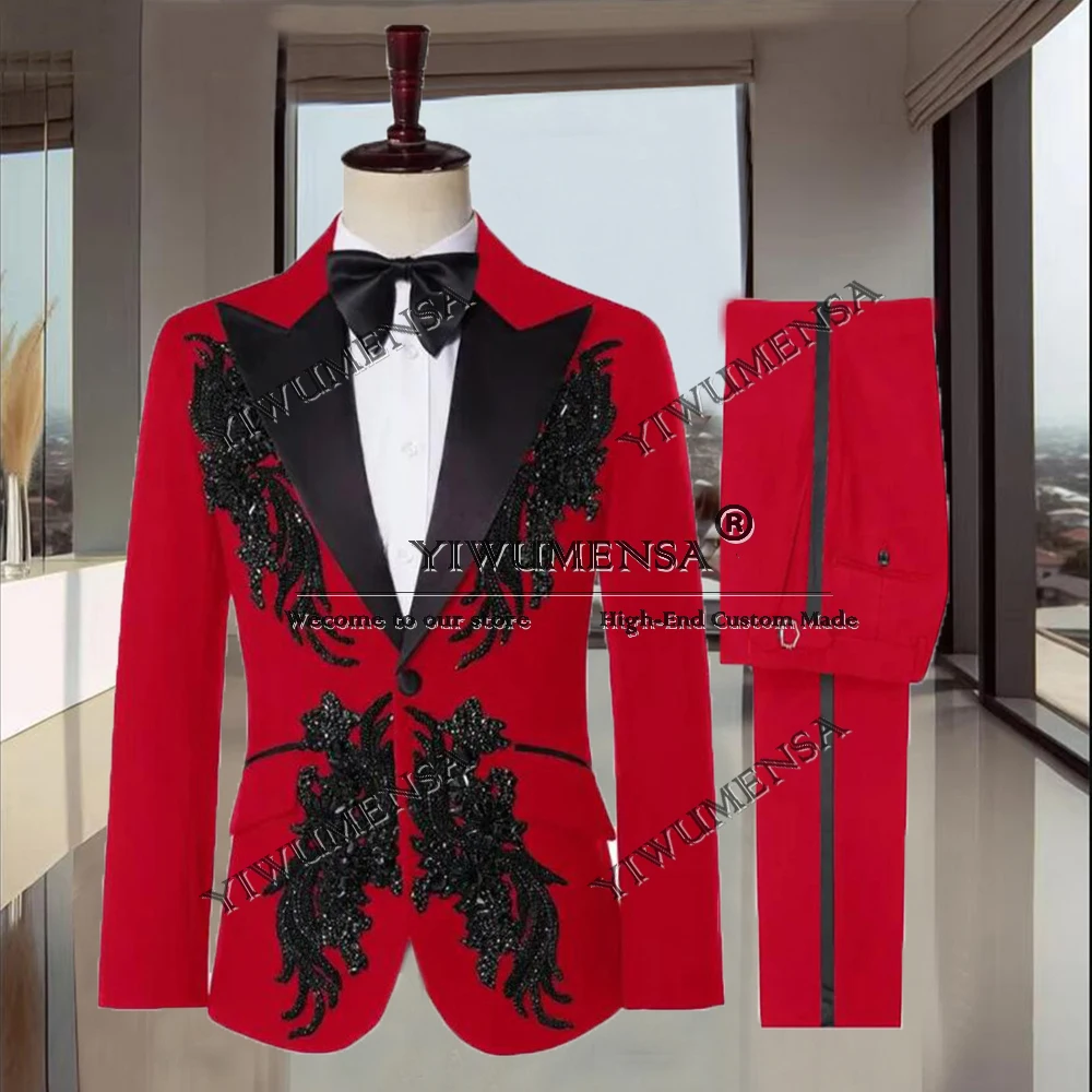 Sparkly Beads Stones Aappliques Suits Men For Wedding Customiszed 2 Pieces Sets Black Notch Lapel Jacket Pants Groom Tuxedo 2025