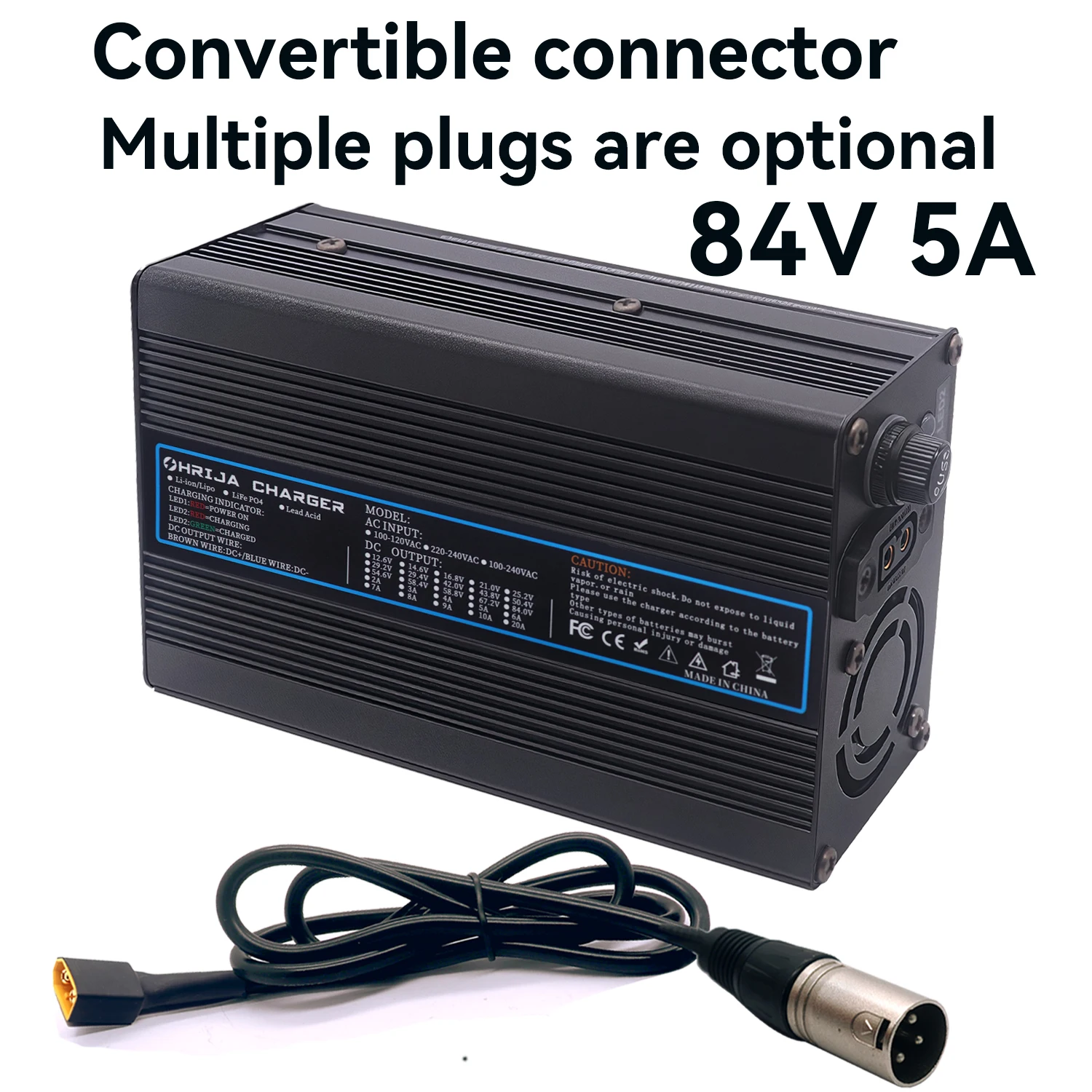 

Зарядное устройство OHRIJA 84 В, 5 А, быстрый алюминиевый корпус, подходит для зарядного устройства для литий-ионных аккумуляторов 20S, съемная вилка разъема опционально