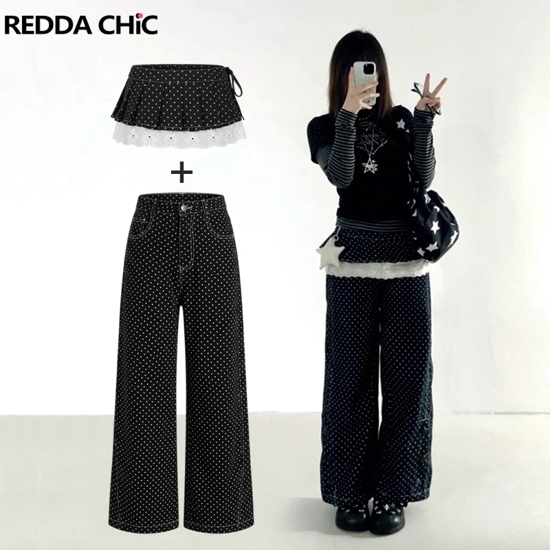 

Женские джинсы REDDACHiC с отстегивающейся юбкой, винтажные, многослойные, плиссированные, с контрастными вставками в горошек, широкие джинсовые брюки в корейском стиле Acubi Fashion
