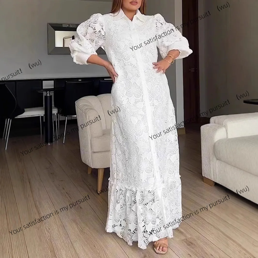 Gaun Cardigan Renda Berlubang Kancing Lengan Panjang Elegan Warna Solid Pakaian Wanita