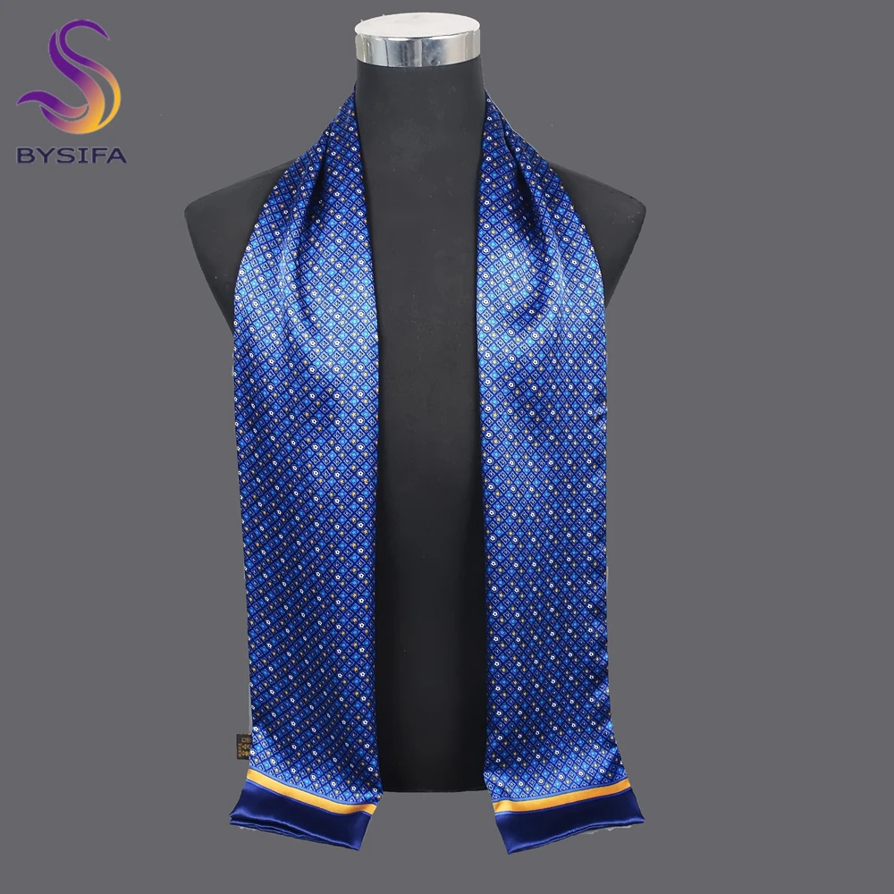 [BYSIFA] New Navy Blue Men Silk Scarf Printed Muffler Winter Brand Fashion Scarves 100% Pure Silk Male Black Long Scarves Cravat