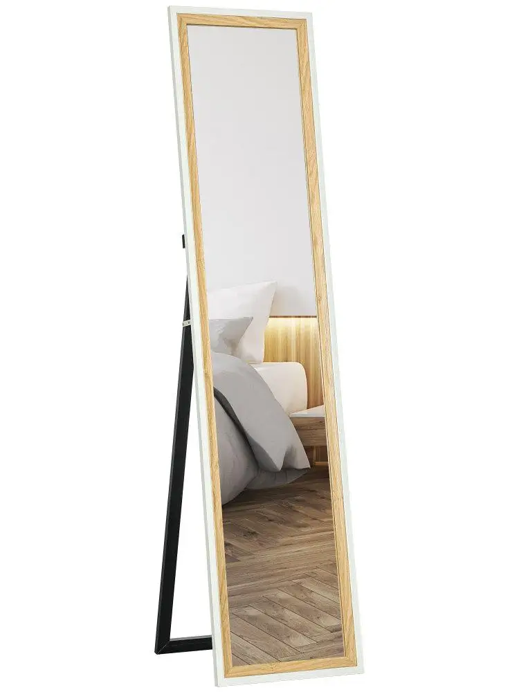 Miroir sur pied pleine longueur 157x37 cm avec cadre MDF blanc et bois foncé, verre haute définition, pose au sol ou mural