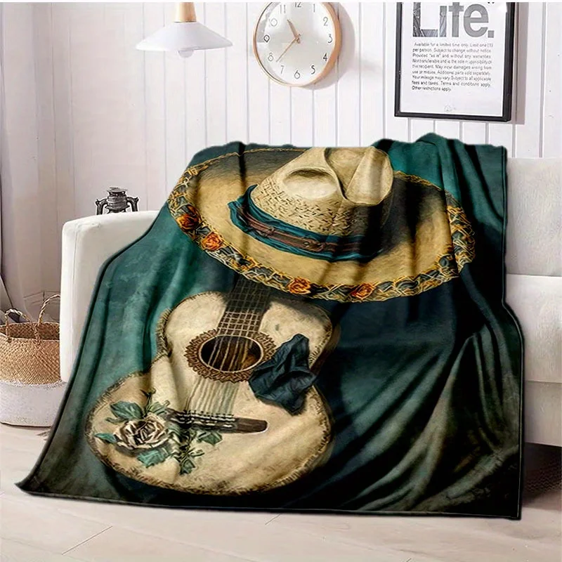 Mexican style guitar pattern Flannel printed blanket suitable for all seasons suitable for living room office sofa and travel