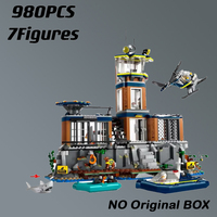 980PCS City Police Station Sea Prison Island Building Blocks Set Helicopter Boat Shark Brick Toy For Children Christmas Gifts